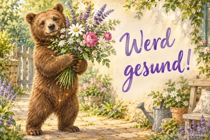 Bär hält einen bunten Wiesenblumenstrauß im Garten, Text: Werd gesund! Bär hält einen bunten Wiesenblumenstrauß im Garten, Text: Werd gesund!