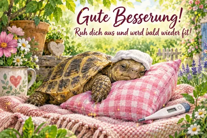 Schildkröte mit Mütze liegt auf einem Kissen, Fieberthermometer, Text: Gute Besserung! – Ruh dich aus und werd bald wieder fit! Schildkröte mit Mütze liegt auf einem Kissen, Fieberthermometer, Text: Gute Besserung! – Ruh dich aus und werd bald wieder fit!