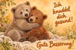 Zwei Bärenjunge umarmen sich auf einer Decke, Text: Ich knuddel dich gesund! – Gute Besserung!
