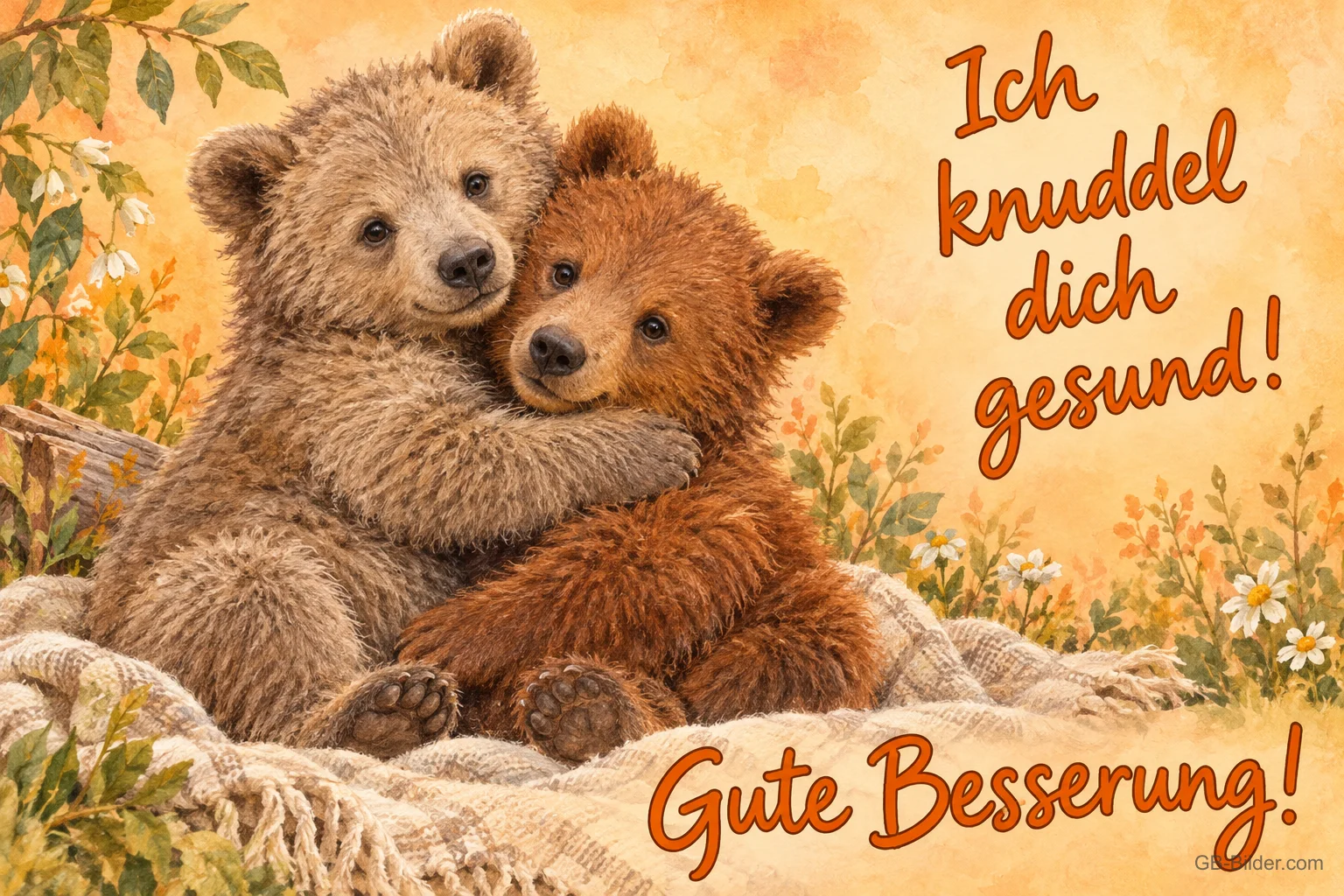 Zwei Bärenjunge umarmen sich auf einer Decke, Text: Ich knuddel dich gesund! – Gute Besserung! Zwei Bärenjunge umarmen sich auf einer Decke, Text: Ich knuddel dich gesund! – Gute Besserung!