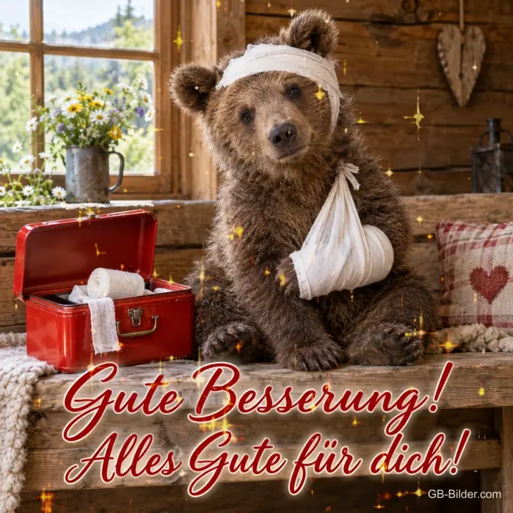 Bär mit Kopfverband und Armschlinge neben einem Erste-Hilfe-Koffer, Text: Gute Besserung! – Alles Gute für dich! Bär mit Kopfverband und Armschlinge neben einem Erste-Hilfe-Koffer, Text: Gute Besserung! – Alles Gute für dich!