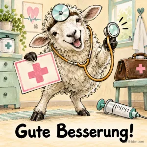 Lachendes Schaf mit Stethoskop und Stirnspiegel hält ein Schild mit rotem Kreuz, Text: Gute Besserung!