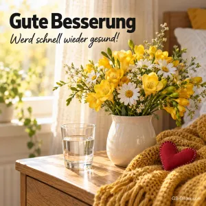 Gelbe Freesien und Margeriten am Krankenbett mit Wasserglas, Text: Gute Besserung – Werd schnell wieder gesund!
