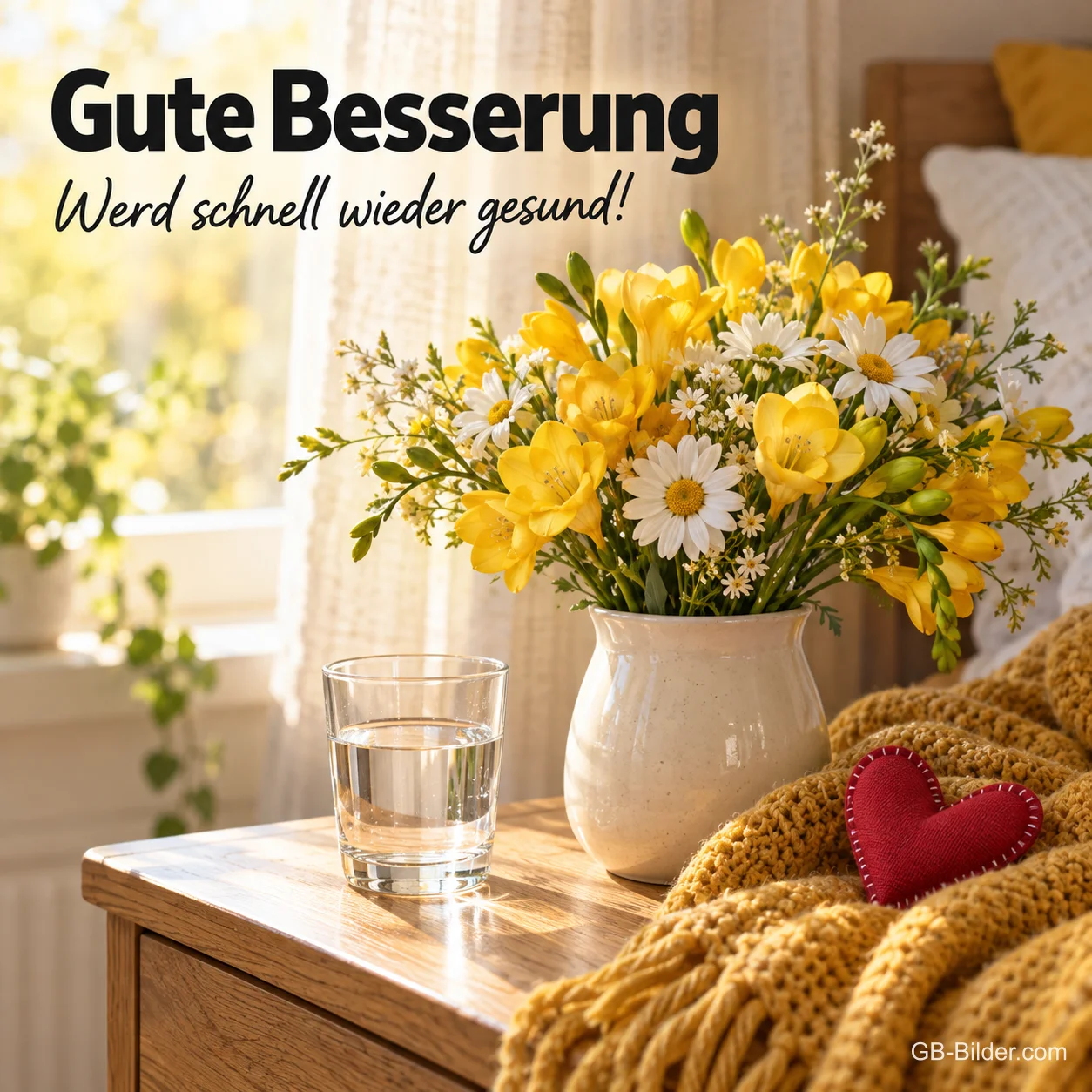 Gelbe Freesien und Margeriten am Krankenbett mit Wasserglas, Text: Gute Besserung – Werd schnell wieder gesund! Gelbe Freesien und Margeriten am Krankenbett mit Wasserglas, Text: Gute Besserung – Werd schnell wieder gesund!