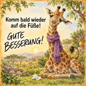 Giraffe mit lila Schal liegt in der Savanne, Text: Komm bald wieder auf die Füße! – Gute Besserung!