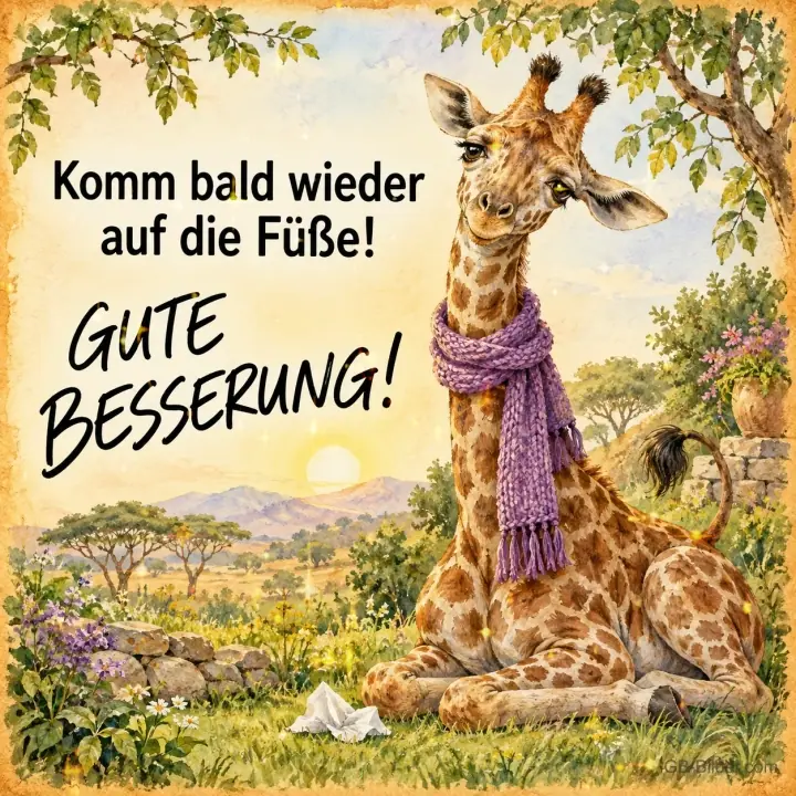 Giraffe mit lila Schal liegt in der Savanne, Text: Komm bald wieder auf die Füße! – Gute Besserung! Giraffe mit lila Schal liegt in der Savanne, Text: Komm bald wieder auf die Füße! – Gute Besserung!