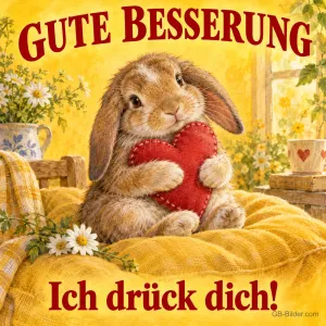 Hase umarmt ein rotes Herz auf einem gelben Kissen, Text: GUTE BESSERUNG – Ich drück dich!