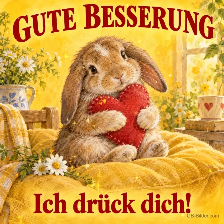 Hase umarmt ein rotes Herz auf einem gelben Kissen, Text: GUTE BESSERUNG – Ich drück dich! Hase umarmt ein rotes Herz auf einem gelben Kissen, Text: GUTE BESSERUNG – Ich drück dich!
