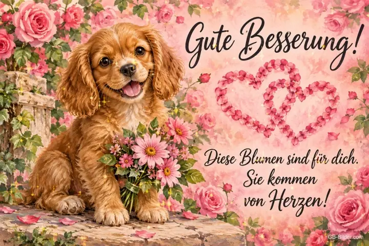 Spaniel-Welpe mit Blumenstrauß vor Rosen und Herzen, Text: Gute Besserung! – Diese Blumen sind für dich. Sie kommen von Herzen! Spaniel-Welpe mit Blumenstrauß vor Rosen und Herzen, Text: Gute Besserung! – Diese Blumen sind für dich. Sie kommen von Herzen!