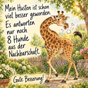 Giraffe hustet in einem Garten, Text: Mein Husten ist schon viel besser geworden. Es antworten nur noch 8 Hunde aus der Nachbarschaft. – Gute Besserung!