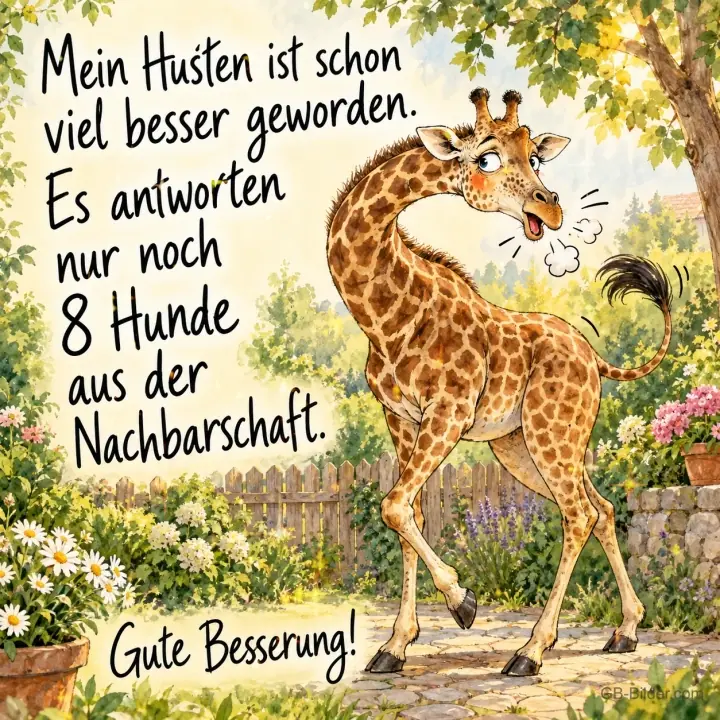 Giraffe hustet in einem Garten, Text: Mein Husten ist schon viel besser geworden. Es antworten nur noch 8 Hunde aus der Nachbarschaft. – Gute Besserung! Giraffe hustet in einem Garten, Text: Mein Husten ist schon viel besser geworden. Es antworten nur noch 8 Hunde aus der Nachbarschaft. – Gute Besserung!