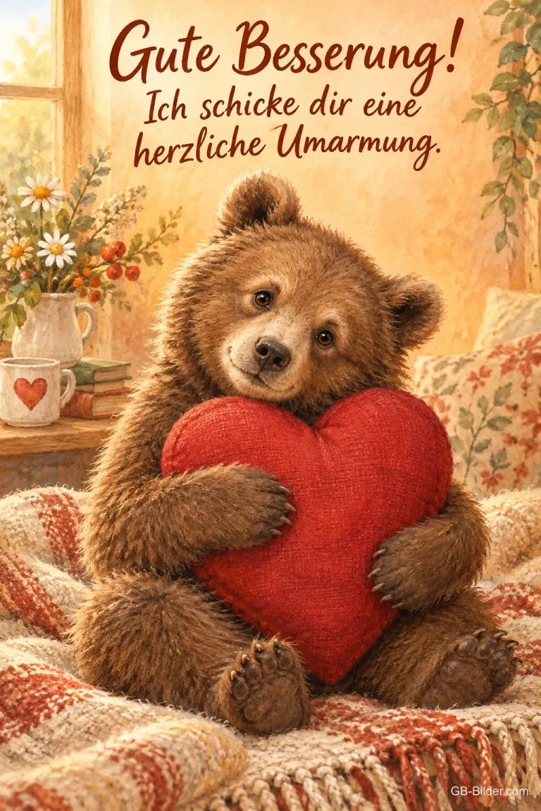 Bärenjunges umarmt ein rotes Herzkissen auf einer Decke, Text: Gute Besserung! – Ich schicke dir eine herzliche Umarmung.