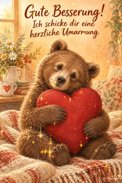 Bärenjunges umarmt ein rotes Herzkissen auf einer Decke, Text: Gute Besserung! – Ich schicke dir eine herzliche Umarmung. Bärenjunges umarmt ein rotes Herzkissen auf einer Decke, Text: Gute Besserung! – Ich schicke dir eine herzliche Umarmung.