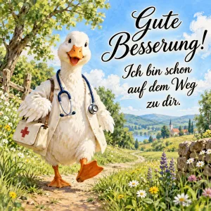 Ente im Arztkittel mit Stethoskop und Arzttasche läuft einen Feldweg entlang, Text: Gute Besserung! – Ich bin schon auf dem Weg zu dir.