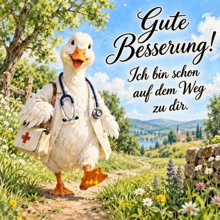 Ente im Arztkittel mit Stethoskop und Arzttasche läuft einen Feldweg entlang, Text: Gute Besserung! – Ich bin schon auf dem Weg zu dir. Ente im Arztkittel mit Stethoskop und Arzttasche läuft einen Feldweg entlang, Text: Gute Besserung! – Ich bin schon auf dem Weg zu dir.