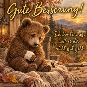 Bärenjunges mit verbundener Pfote auf einer Decke im Herbst, Text: Gute Besserung! – Ich bin traurig, weil es dir nicht gut geht.