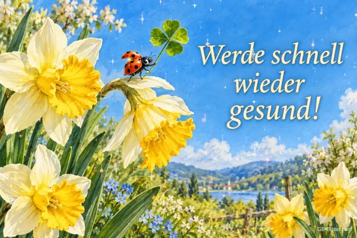 Marienkäfer mit Kleeblatt auf Narzissen vor einer Seenlandschaft, Text: Werde schnell wieder gesund! Marienkäfer mit Kleeblatt auf Narzissen vor einer Seenlandschaft, Text: Werde schnell wieder gesund!
