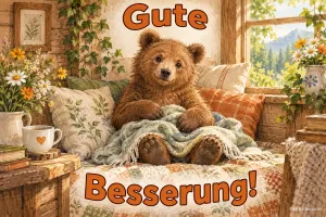 Bärenjunges liegt unter einer Decke auf einem Sofa, Text: Gute Besserung!