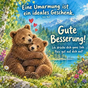 Zwei Bären umarmen sich an einem Bergsee, Text: Eine Umarmung ist ein ideales Geschenk. – John Ball – Gute Besserung! Ich drücke dich ganz lieb. Pass gut auf dich auf!