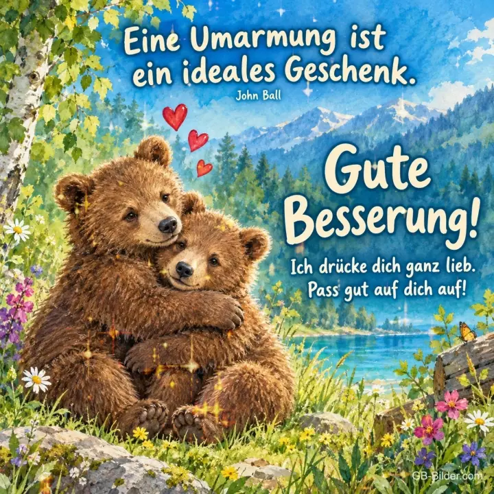 Zwei Bären umarmen sich an einem Bergsee, Text: Eine Umarmung ist ein ideales Geschenk. – John Ball – Gute Besserung! Ich drücke dich ganz lieb. Pass gut auf dich auf! Zwei Bären umarmen sich an einem Bergsee, Text: Eine Umarmung ist ein ideales Geschenk. – John Ball – Gute Besserung! Ich drücke dich ganz lieb. Pass gut auf dich auf!