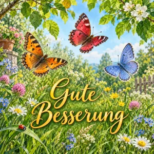 Bunte Schmetterlinge über einer Blumenwiese, Text: Gute Besserung