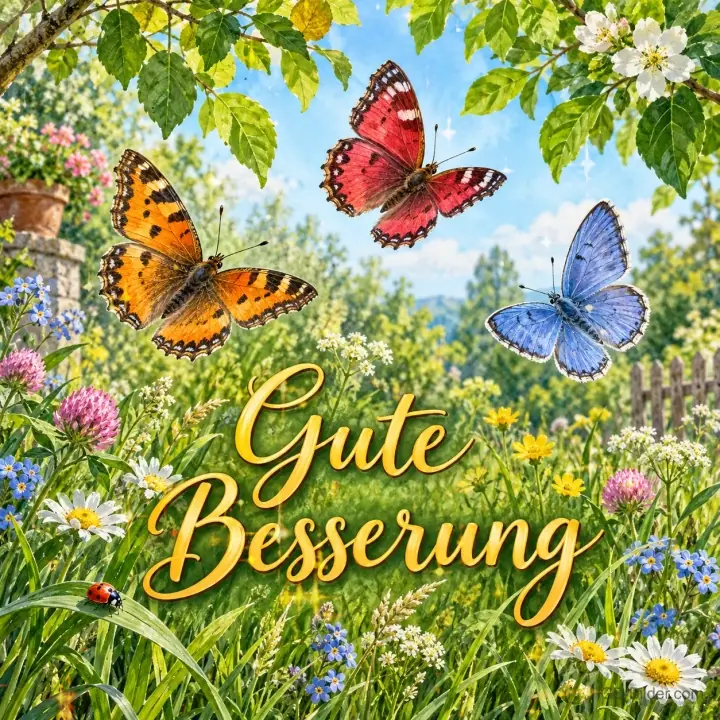 Bunte Schmetterlinge über einer Blumenwiese, Text: Gute Besserung Bunte Schmetterlinge über einer Blumenwiese, Text: Gute Besserung