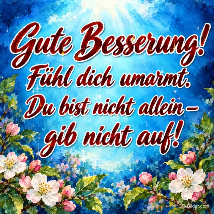Weiße und rosa Blüten vor leuchtendem Blau, Text: Gute Besserung! – Fühl dich umarmt. Du bist nicht allein – gib nicht auf! Weiße und rosa Blüten vor leuchtendem Blau, Text: Gute Besserung! – Fühl dich umarmt. Du bist nicht allein – gib nicht auf!