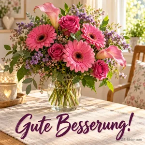 Strauß aus Gerbera, Rosen und Calla in einer Vase, Text: Gute Besserung!