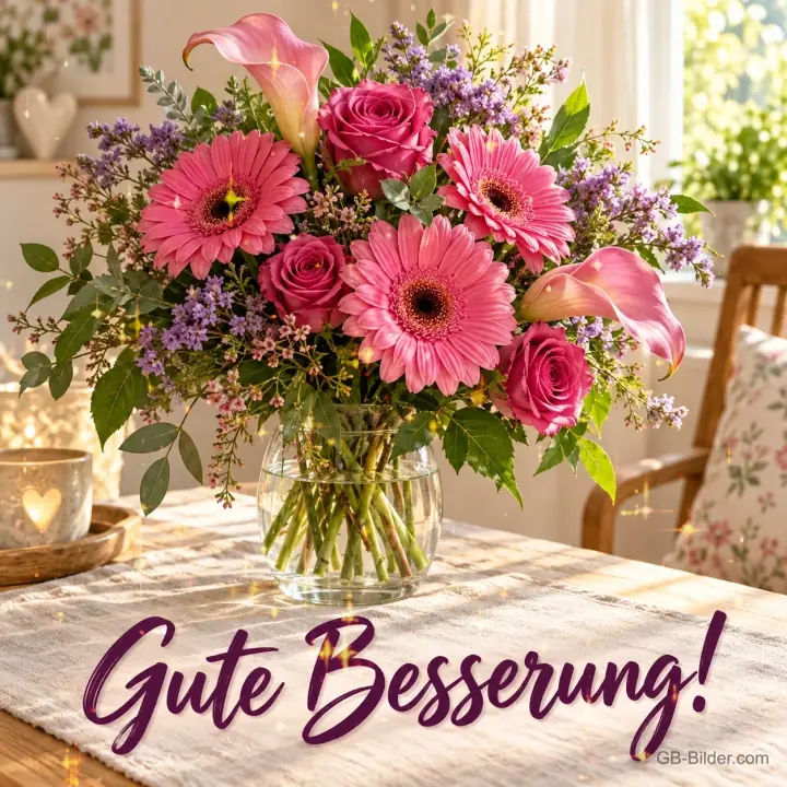 Strauß aus Gerbera, Rosen und Calla in einer Vase, Text: Gute Besserung! Strauß aus Gerbera, Rosen und Calla in einer Vase, Text: Gute Besserung!