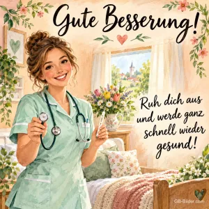 Lächelnde Krankenschwester mit Stethoskop am Krankenbett, Text: Gute Besserung! – Ruh dich aus und werde ganz schnell wieder gesund!