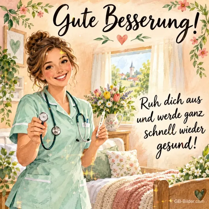 Lächelnde Krankenschwester mit Stethoskop am Krankenbett, Text: Gute Besserung! – Ruh dich aus und werde ganz schnell wieder gesund! Lächelnde Krankenschwester mit Stethoskop am Krankenbett, Text: Gute Besserung! – Ruh dich aus und werde ganz schnell wieder gesund!