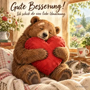 Bär mit Pflaster umarmt ein rotes Herzkissen, Katze schläft daneben, Text: Gute Besserung! – Ich schick dir eine liebe Umarmung.