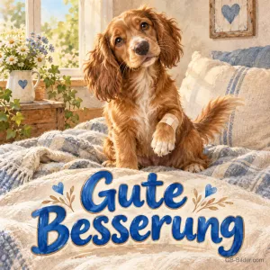 Spaniel-Welpe mit verbundener Pfote auf einem Bett, Text: Gute – Besserung