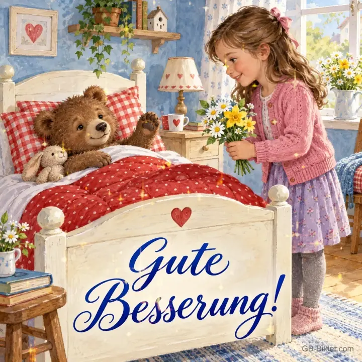 Mädchen bringt einem Teddy im Bett einen Blumenstrauß, Text: Gute – Besserung! Mädchen bringt einem Teddy im Bett einen Blumenstrauß, Text: Gute – Besserung!