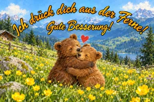 Zwei Bärenjunge umarmen sich auf einer Bergwiese, Text: Ich drück dich aus der Ferne! – Gute Besserung!