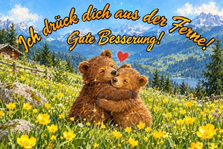 Zwei Bärenjunge umarmen sich auf einer Bergwiese, Text: Ich drück dich aus der Ferne! – Gute Besserung! Zwei Bärenjunge umarmen sich auf einer Bergwiese, Text: Ich drück dich aus der Ferne! – Gute Besserung!