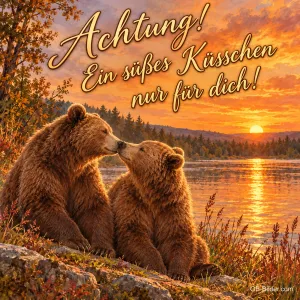 Zwei Bären geben sich einen Kuss am See im Sonnenuntergang, Text: Achtung! – Ein süßes Küsschen nur für dich!
