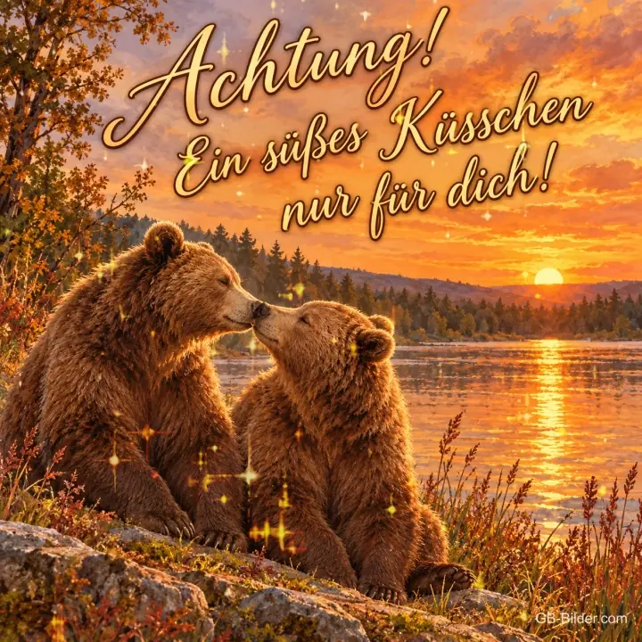 Zwei Bären geben sich einen Kuss am See im Sonnenuntergang, Text: Achtung! – Ein süßes Küsschen nur für dich!