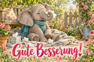 Elefantenkalb mit Schal putzt sich die Nase auf einer Gartenbank, Text: Gute Besserung!