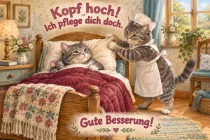 Katze als Krankenschwester pflegt eine Katze im Bett, Text: Kopf hoch! – Ich pflege dich doch. Gute Besserung!