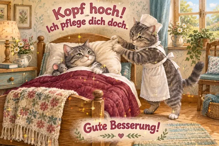 Katze als Krankenschwester pflegt eine Katze im Bett, Text: Kopf hoch! – Ich pflege dich doch. Gute Besserung! Katze als Krankenschwester pflegt eine Katze im Bett, Text: Kopf hoch! – Ich pflege dich doch. Gute Besserung!