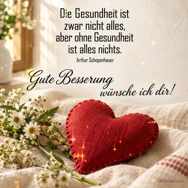 Rotes Stoffherz und Kamillenstrauß auf einer Decke, Text: Die Gesundheit ist zwar nicht alles, aber ohne Gesundheit ist alles nichts. – Arthur Schopenhauer – Gute Besserung wünsche ich dir! Rotes Stoffherz und Kamillenstrauß auf einer Decke, Text: Die Gesundheit ist zwar nicht alles, aber ohne Gesundheit ist alles nichts. – Arthur Schopenhauer – Gute Besserung wünsche ich dir!