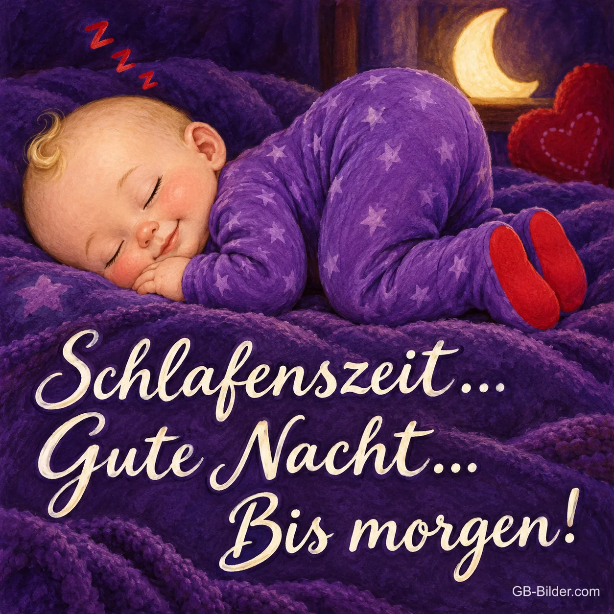 Baby im Sternenschlafanzug schläft bäuchlings auf einer lila Decke, Text: Schlafenszeit… Gute Nacht… Bis morgen!