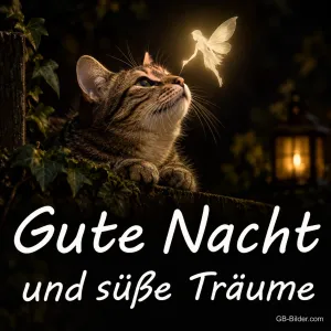 Katze schaut zu einer leuchtenden Fee in der Nacht, Text: Gute Nacht und süße Träume