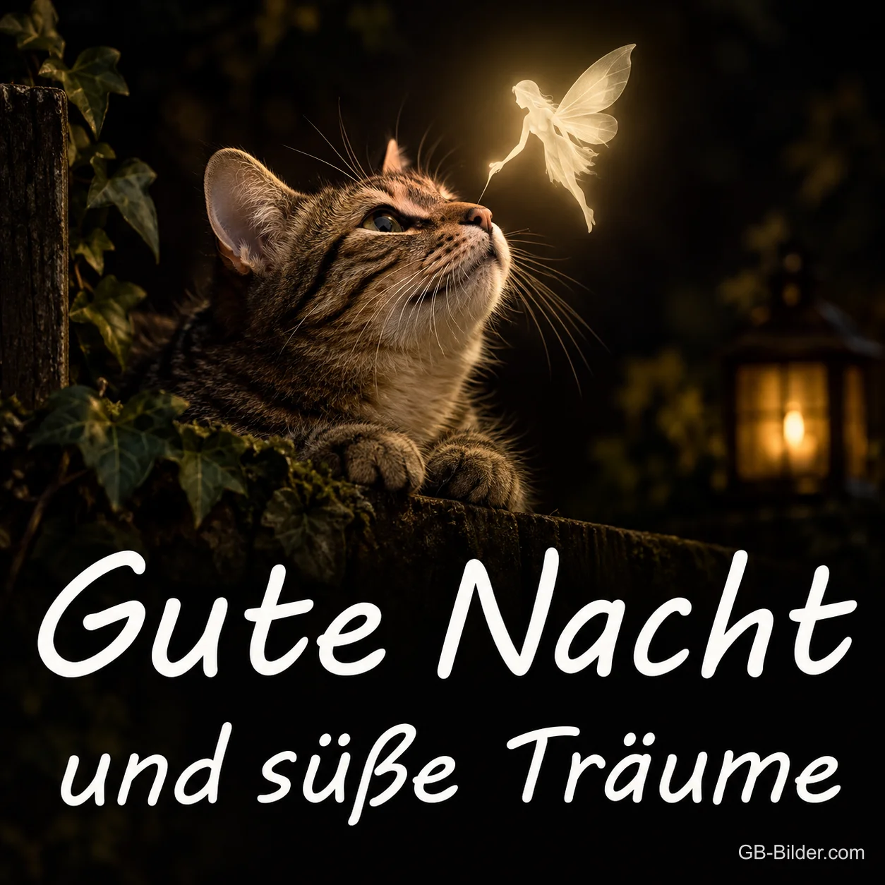 Katze schaut zu einer leuchtenden Fee in der Nacht, Text: Gute Nacht und süße Träume