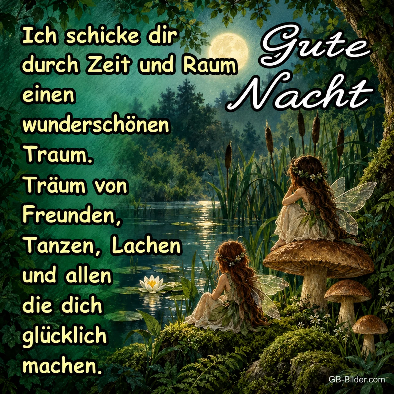 Feen am Waldsee, Gute-Nacht-Gedicht, Text: Ich schicke dir durch Zeit und Raum einen wunderschönen Traum