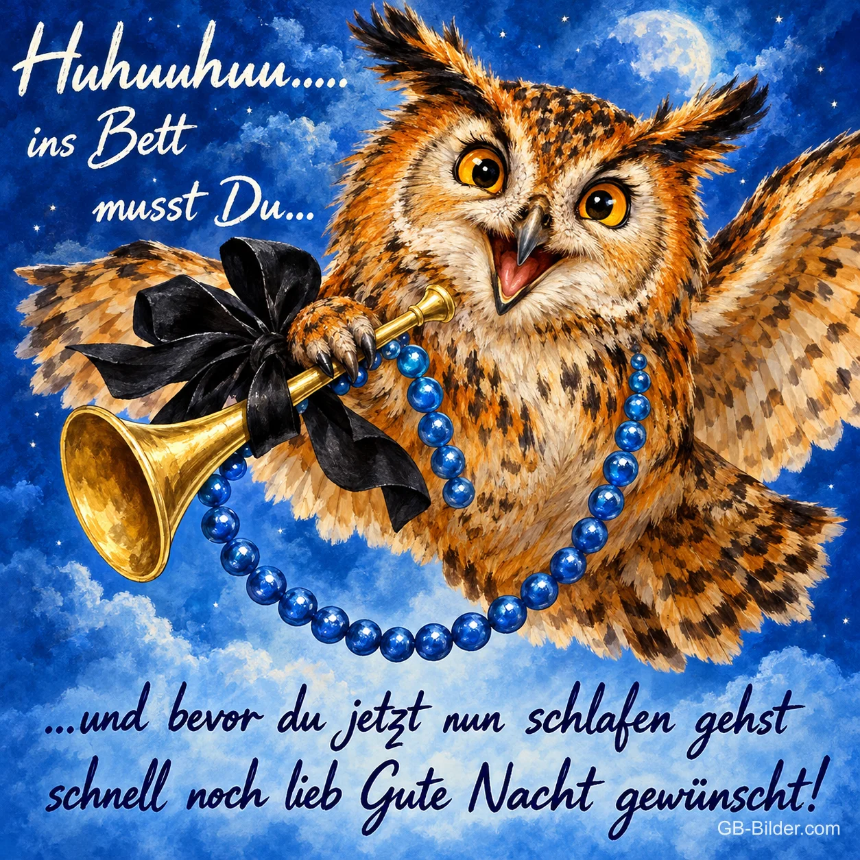 Uhu fliegt mit Trompete und Perlenkette durch die Nacht, Text: Huhuuhuu..... ins Bett musst Du... ...und bevor du jetzt nun schlafen gehst schnell noch lieb Gute Nacht gewünscht!