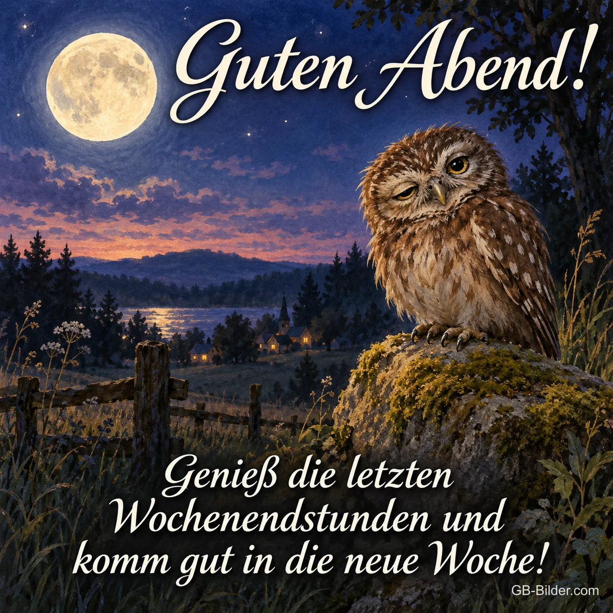 Eule sitzt auf einem Stein unter dem Vollmond, Text: Guten Abend! – Genieß die letzten Wochenendstunden und komm gut in die neue Woche! Eule sitzt auf einem Stein unter dem Vollmond, Text: Guten Abend! – Genieß die letzten Wochenendstunden und komm gut in die neue Woche!