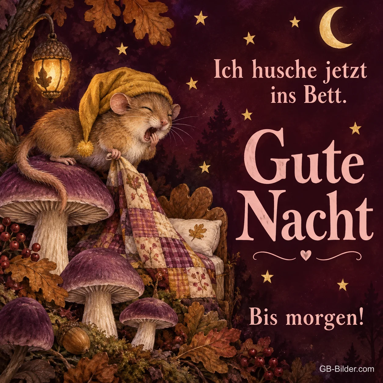 Maus mit Zipfelmütze gähnt auf einem Pilz unter der Mondsichel, Text: Ich husche jetzt ins Bett. Gute Nacht – Bis morgen!