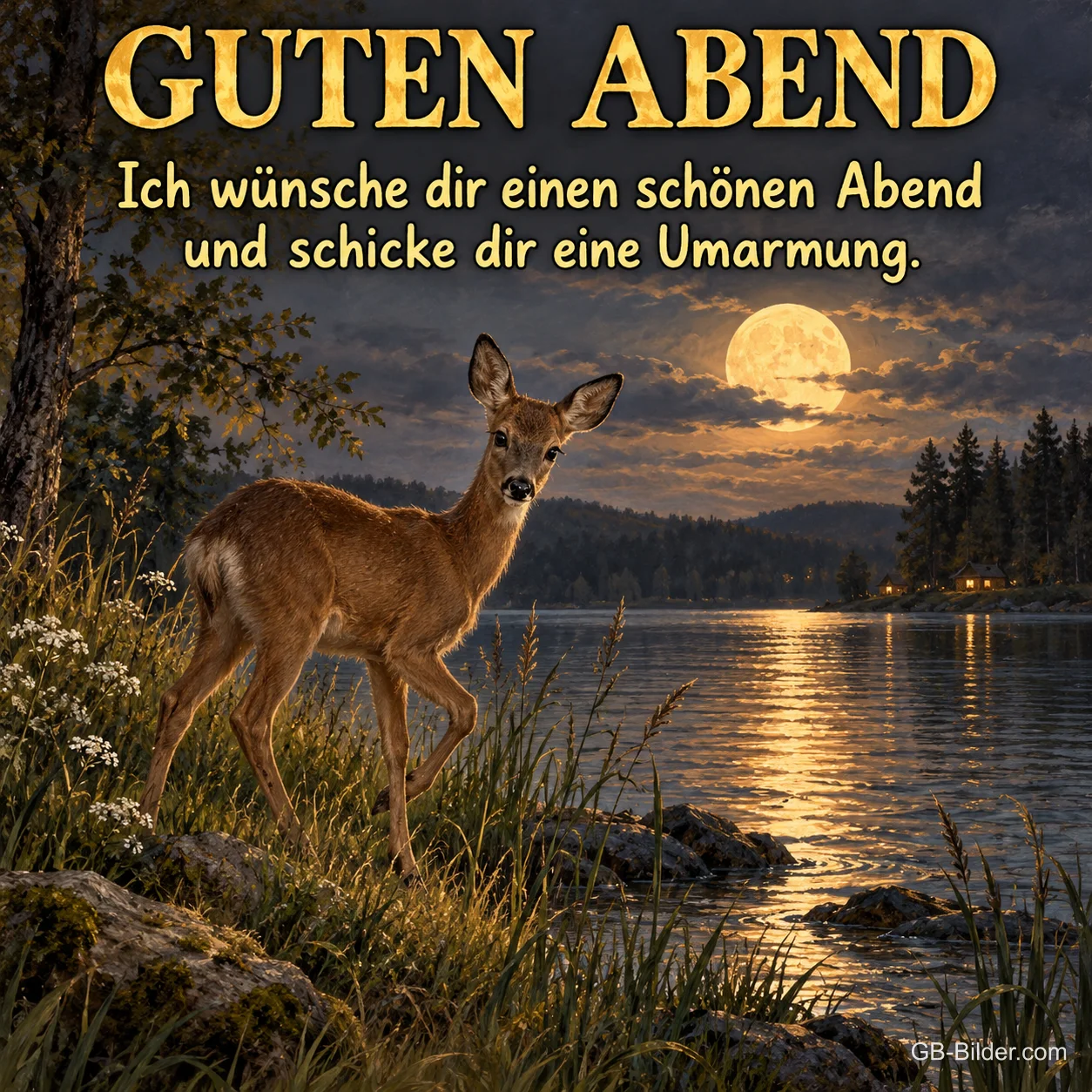Reh am Seeufer unter dem Vollmond, Text: GUTEN ABEND – Ich wünsche dir einen schönen Abend und schicke dir eine Umarmung. Reh am Seeufer unter dem Vollmond, Text: GUTEN ABEND – Ich wünsche dir einen schönen Abend und schicke dir eine Umarmung.